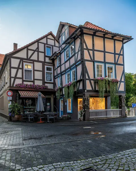 stock image Beautiful medieval architecture in the old town of Hannoversch and its typical German half-timbered buildings