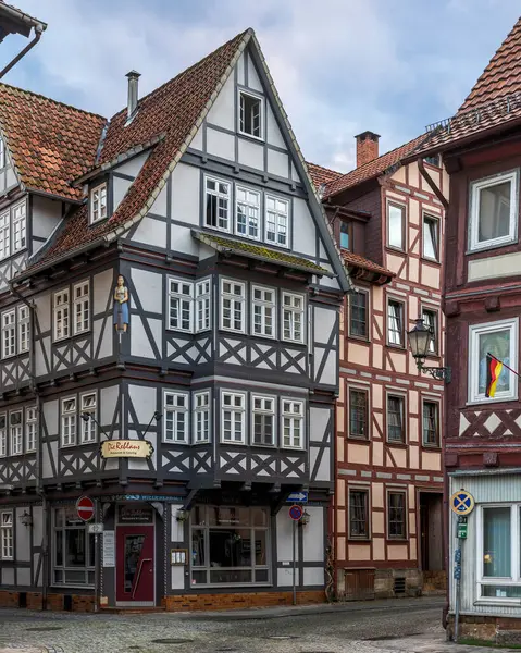 stock image Beautiful medieval architecture in the old town of Hannoversch and its typical German half-timbered buildings