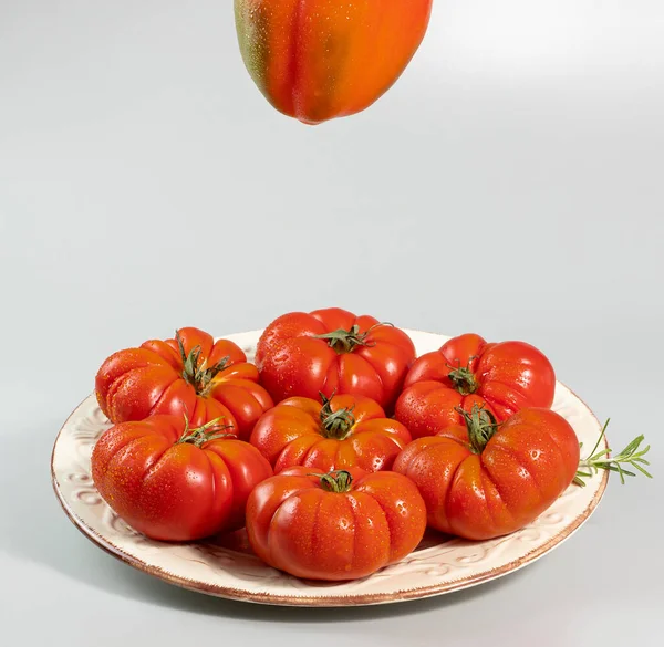 A group of Costoluto big tomatoes and paprika with rosemary on a grey background