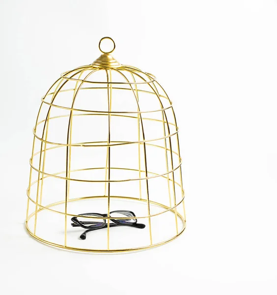Grote Gouden Vogelkooi Zwarte Bril Witte Achtergrond Concept Bevoorraden Foto — Stockfoto