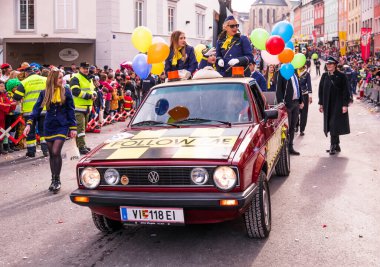Villach, Austria - 2023 February 19: Carnival in Villach, Fasching, Participants in the annual parade wear colorful and masquerade clothing. Motto: Lei-Lei.