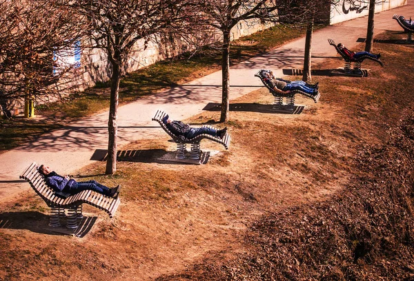 Villach Austria February 2023 Walk City People Resting Wooden Deck — Fotografia de Stock