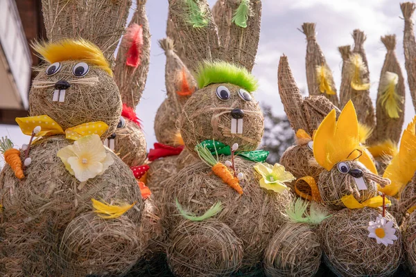 stock image Easter decorative straw rabbit bunny, Easter street market, day off, sunny weather