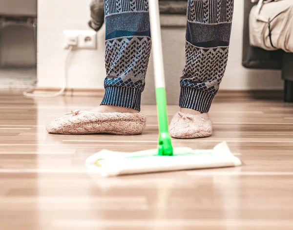 stock image Woman cleaning floor using mop at home, swob, house work, closeup