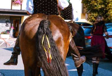 Geleneksel biniciler kahverengi atların üstünde, kasabada geçit töreni yapıyorlar, at kuyruğunda canlı kurdeleler, kültürel miras kavramını temsil ediyorlar.