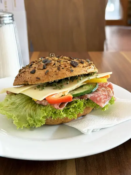 Beyaz tabakta salamlı, peynirli ve taze sebzeli leziz çoklu tahıllı sandviç.