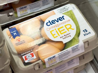 Etiket detaylarıyla paketlenmiş akıllı Avusturyalı yumurtaları.