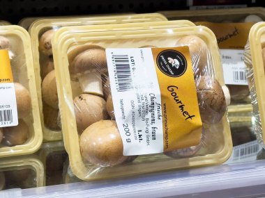 Raftaki plastik ambalajda taze kestane mantarı..