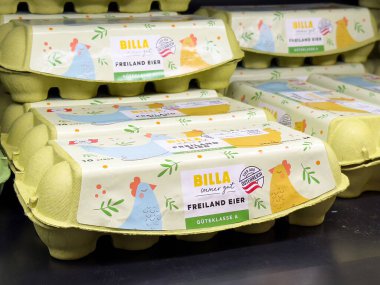 Süpermarkette dekoratif tavuk tasarımlı renkli yumurta kutuları..