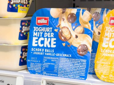 Çikolatalı yoğurt ve Vanilyalı Lezzet Bir Süpermarkette Tatlı Sevenler ve Sağlıklı Atıştırmalıklar İçin Dondurucu Görünümü, Süt Ürünleri Konsepti