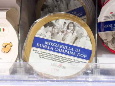 Taze Mozzarella di Bufala Campana DOP Peynir Paketi Gurme Yemek ve Mutfak Zevkleri Sağlıklı Yeme Konsepti İçin Yuvarlak Konteynırda