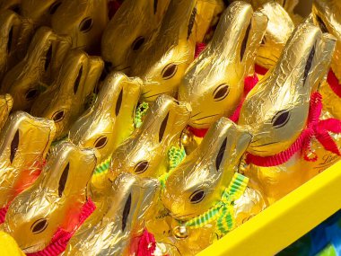 Altın folyoya sarılı çikolatalı tavşanlar, Paskalya kutlamaları için renkli bir vitrin düzenlenmiştir. Şenlikli ziyafetler, neşeli anlar, Paskalya konsepti.