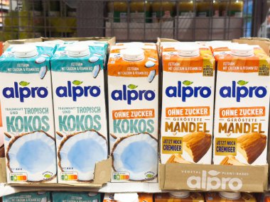 Rafta Alpro hindistan cevizi ve badem sütü kutuları var..