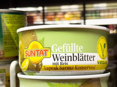 Vejetaryen doldurulmuş üzüm yaprakları konserve kutusunda..