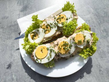 Yumurtalı, marullu ve çavdar ekmekli açık yüzlü sandviçler..