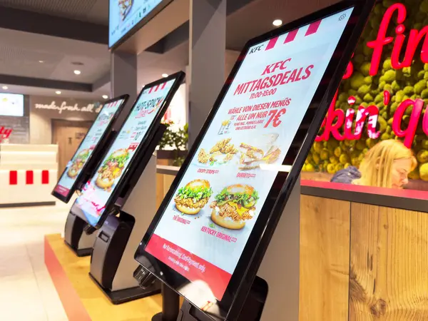 Fast food restoranındaki dijital büfelerde öğle yemeği anlaşmaları gösteriliyor..