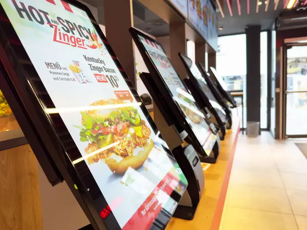 Fast food restoranı dijital ekranlı büfeler sipariş ediyor..