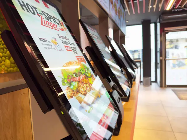 Modern fast food restoranında interaktif kendi kendine sipariş veren büfeler.