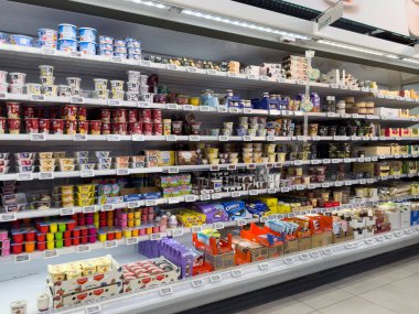 Raflarda çeşitli yoğurt ve tatlı seçenekleri olan süpermarket mandırası koridoru..