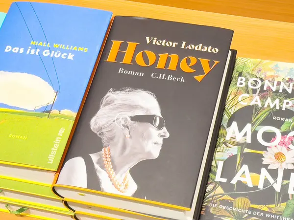 Victor Lodato 'nun romanından seçilmiş yaşlı beyaz bir kadının kapağında yer aldığı kitaplar..