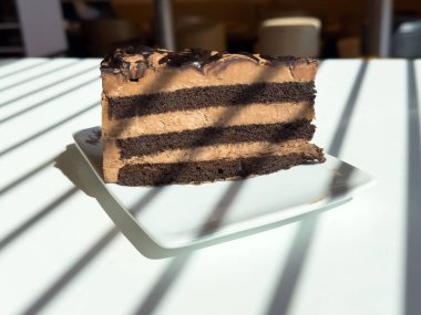 Güneş ışığının altında beyaz tabakta nefis çikolatalı pasta..