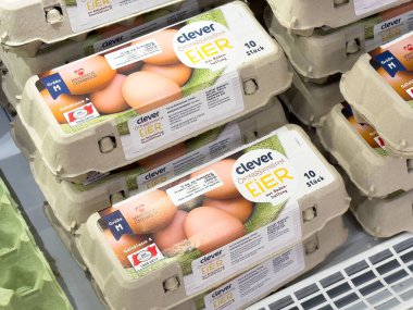 Market rafına istiflenmiş karton Avusturya yumurtası..