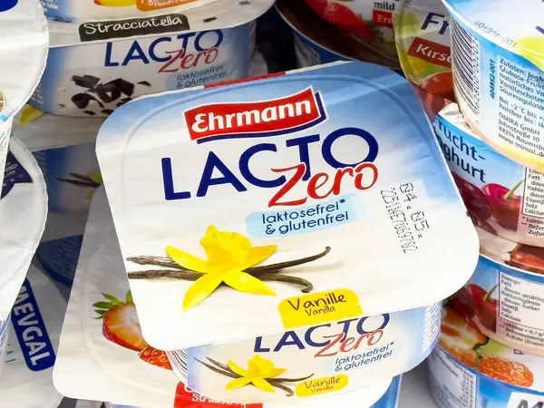 Ehrmann lakto sıfır vanilyalı yoğurt kabı laktoz glüten ücretsiz tatlı paketleme.