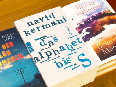 Alman romanları sergileniyor: Ahşap bir rafta çağdaş edebiyat koleksiyonu.