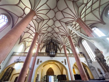 Gotik katedralin içi, yüksek tavanlı ve organlı..