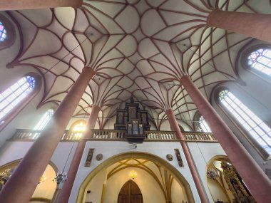 Gotik katedral iç dekoratif tavan ve org ile.