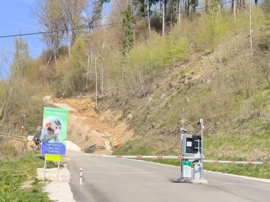 Kazı alanı olan orman yolu ve bahar manzarasında hayvan işareti.