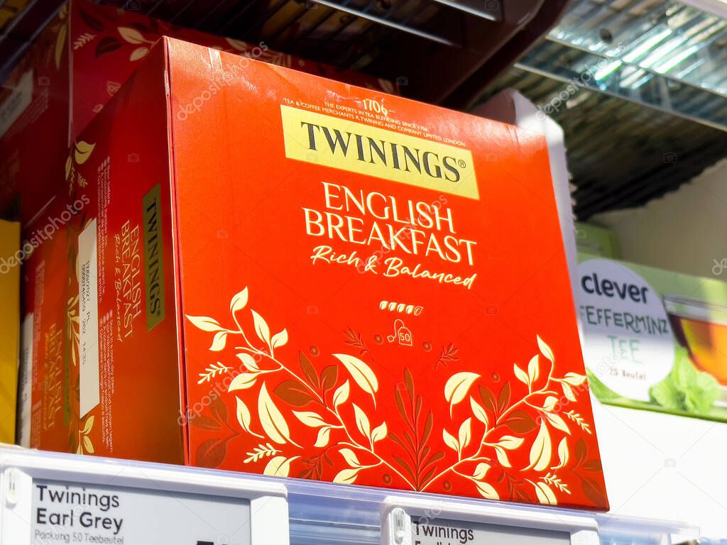 Twinings english breakfast tea box on store shelf with rich and balanced flavor.