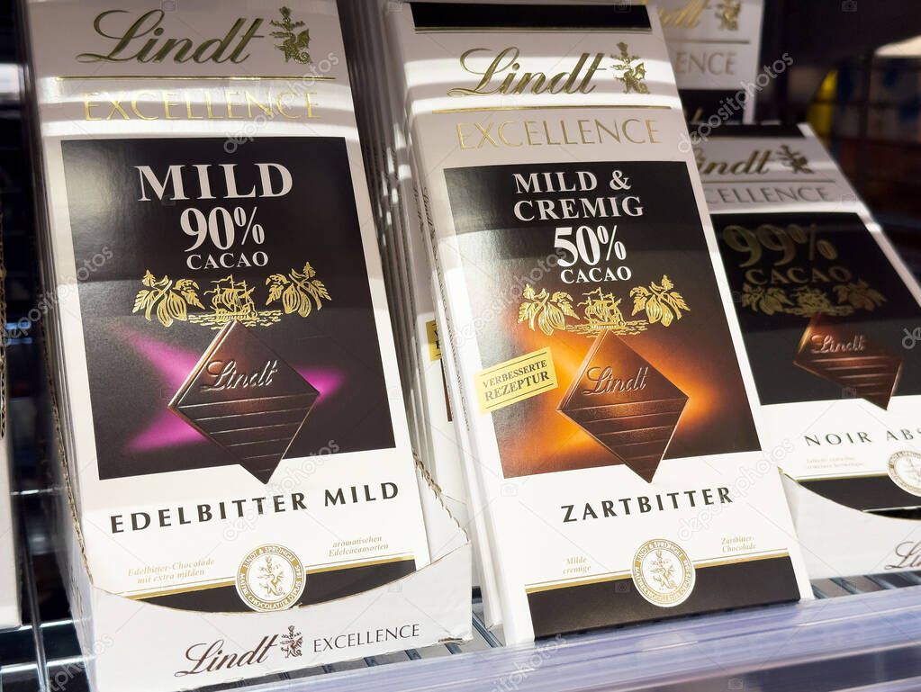Lindt excellence dark chocolate bars display with cacao percentage varieties.