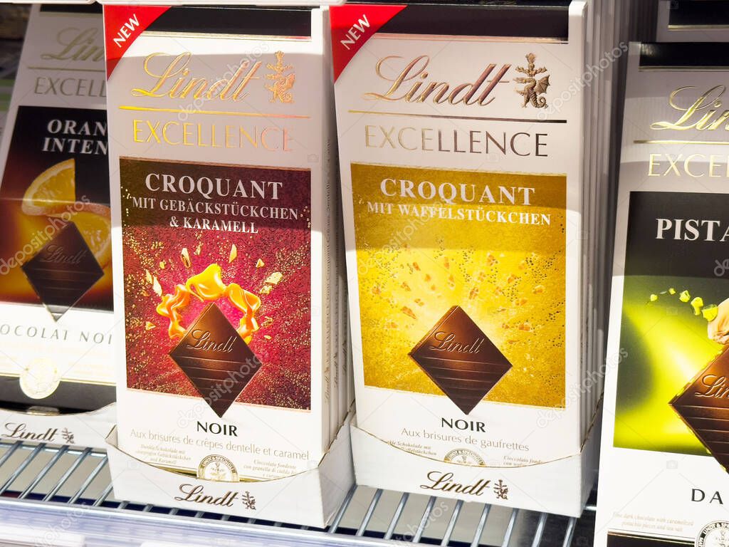 Lindt excellence croquant chocolate bars on display in store.