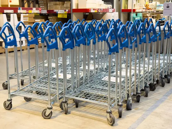 Depo koridorunda organize edilmiş mavi el arabaları..