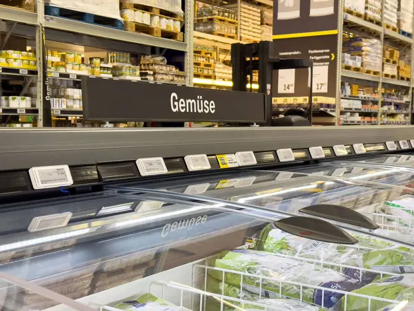 Alman süpermarketinde dondurulmuş sebzeler koridorunda belirgin bir tabela ve ekran var..