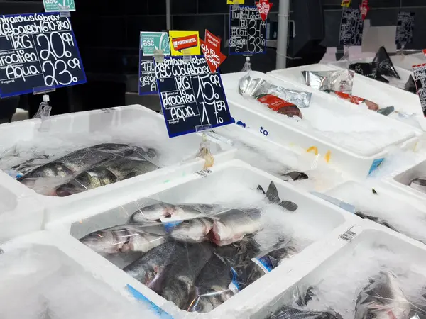 Piyasadaki deniz ürünleri reyonunda taze balıklar sergileniyor..