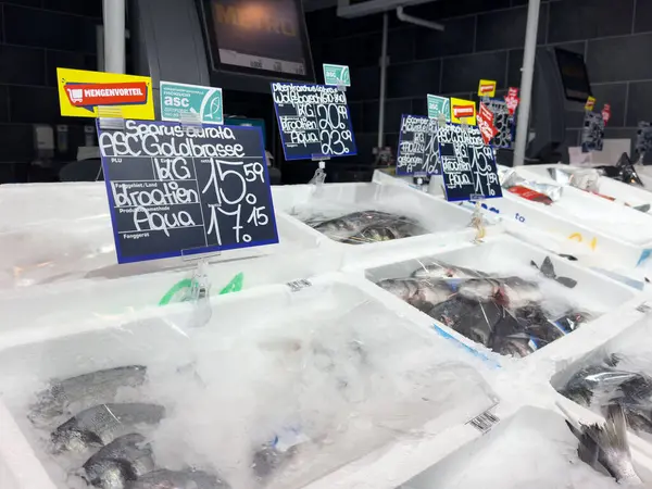 Fiyat etiketli taze deniz ürünleri ve bir markette buz..