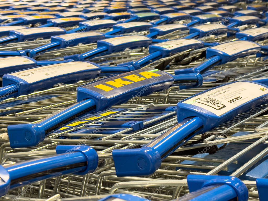 Blue ikea shopping carts arranged in rows for convenient grocery experience.