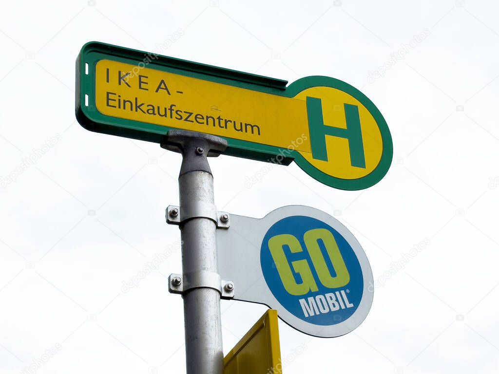 Ikea einkaufszentrum bus stop sign with go mobil logo in urban setting.
