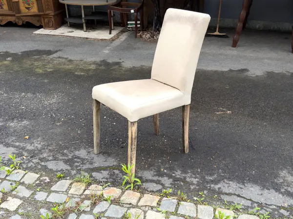 Çimen filizli, kaldırımlı sokakta bej bir sandalye..