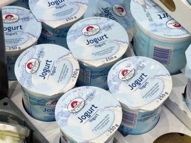 Buzdolabında çeşitli yoğurt kapları ve kar kaplı tasarım..