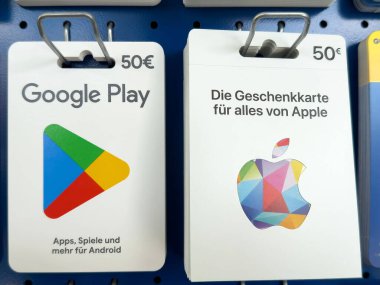 Avro fiyatlandırması ile Google oyun ve elma hediye kartları gösterimi.