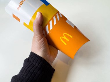 Beyaz arka planda McDonald 'ın patates kızartması konteynırını tutan el..
