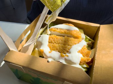 Çevre dostu kutuda soslu çıtır tavuk salatası..