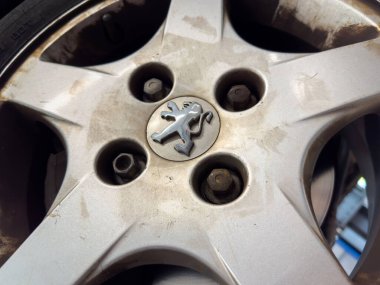 Aslan logosu ve cıvataları olan kirli peugeot tekerleklerine yakın plan..