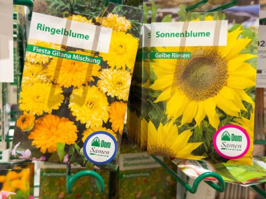Marigold ve ayçiçeği tohumu paketleri canlı bahçe ekimi için.