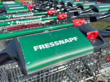 Fressnapf mağazasında bozuk para kilidi mekanizması olan art arda yeşil alışveriş arabaları.