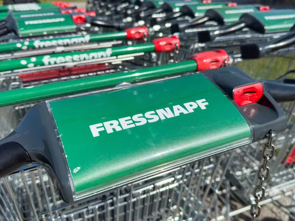 Fressnapf mağazasında bozuk para kilidi mekanizması olan art arda yeşil alışveriş arabaları.