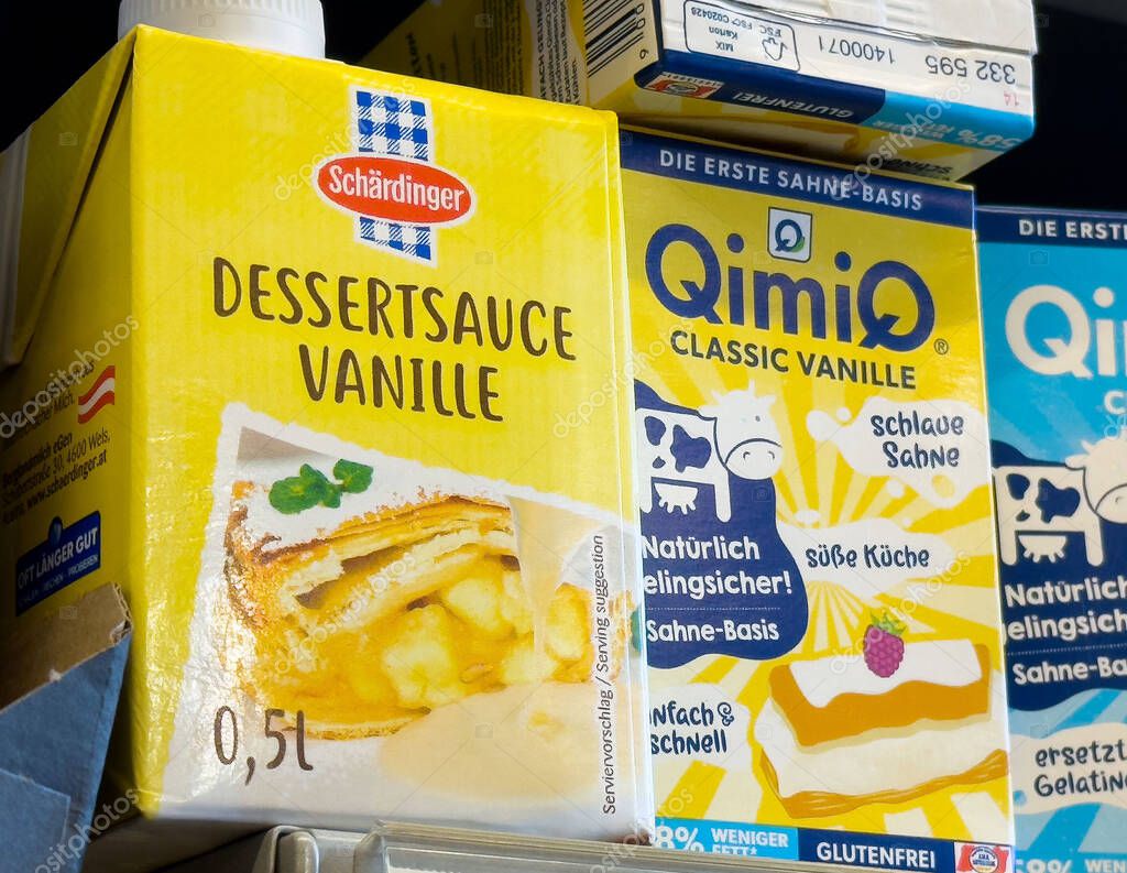 Vanilla dessert sauce packaging on store shelf.